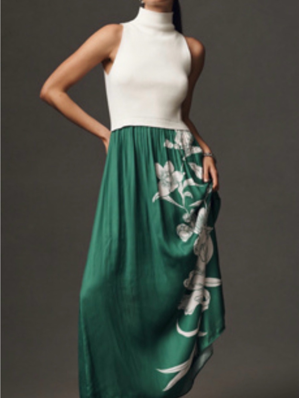 Sleeveless Cream Knit Top with Emerald Green Floral Maxi Skirt Dress - Picture 2 of 2